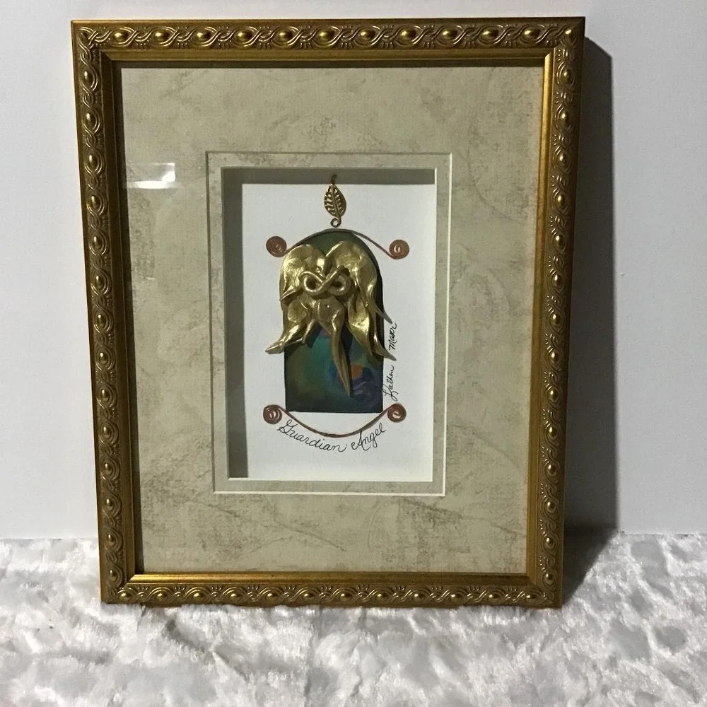 Guardian Angel Mixed Media Framed Wall Art Gold Tone Signed by Katherine‎ Moser